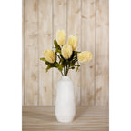 Creambrush stems arranged at varied angles in a tall white vase on a wooden surface against pale timber panelling.