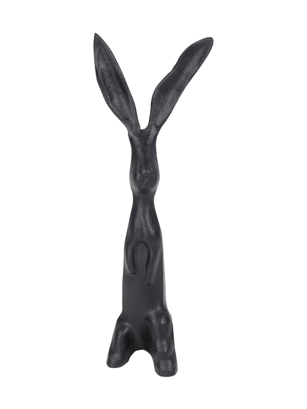 Front view of a black upright hare sculpture with long ears, an elongated body and small forepaws against its chest.