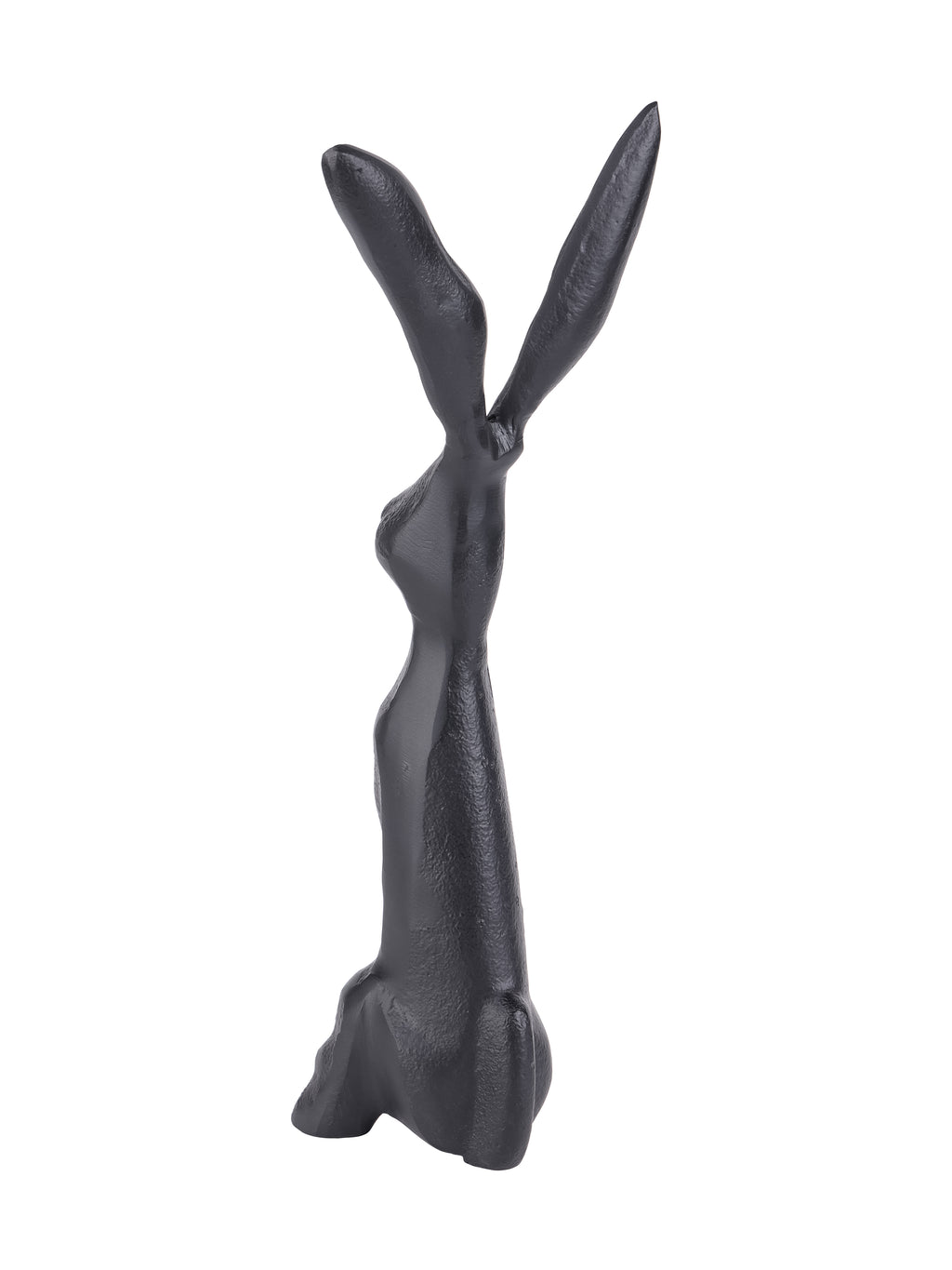 Rear angled view of the black hare sculpture showing its narrow back, upright ears and rounded tail.