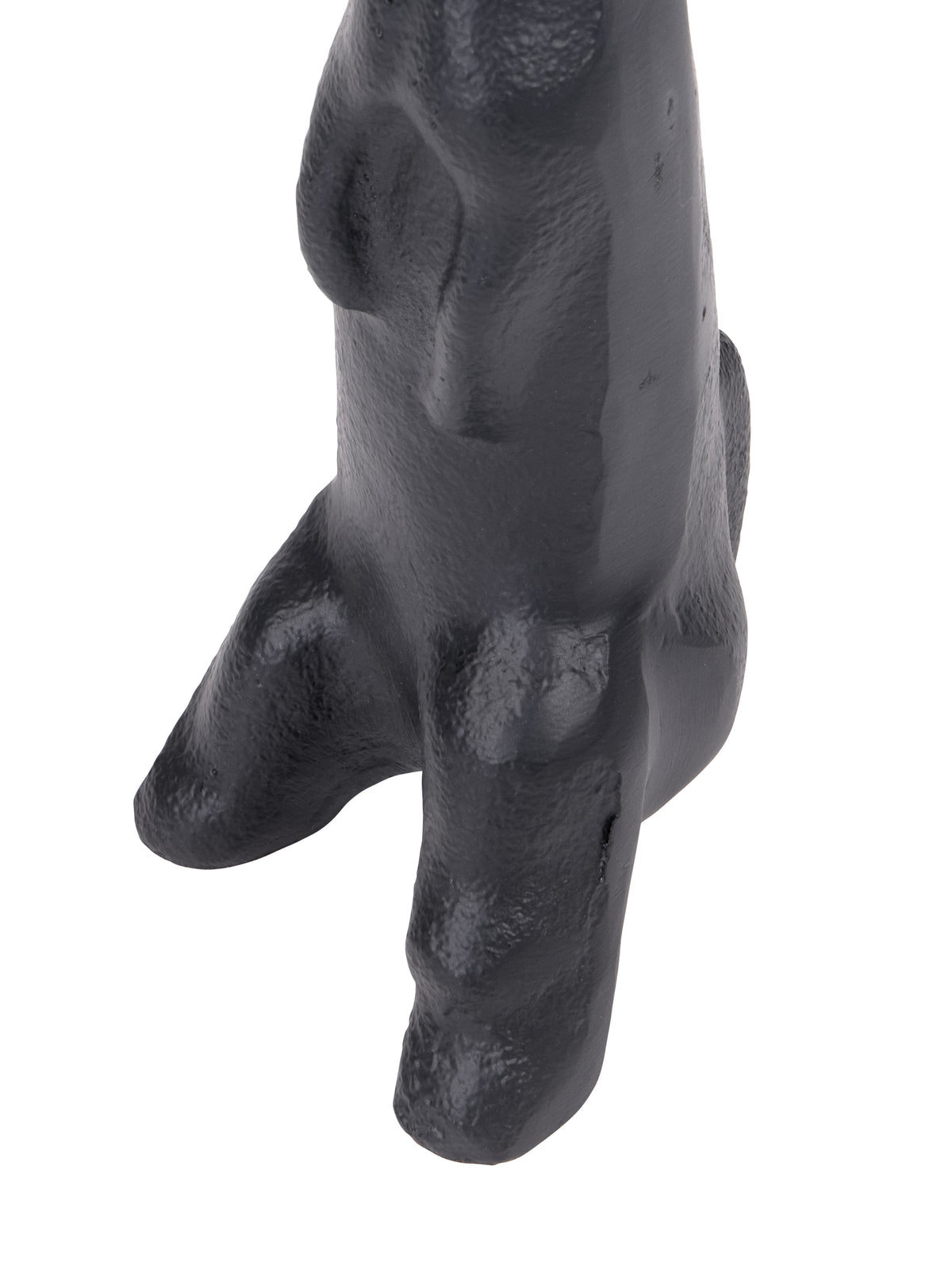 Close-up of the black hare sculpture's forepaws, lower body and feet with softly reflective surface texture.