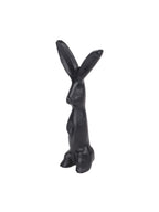 Angled view of the black hare sculpture showing its projecting muzzle, forepaws and textured surface.