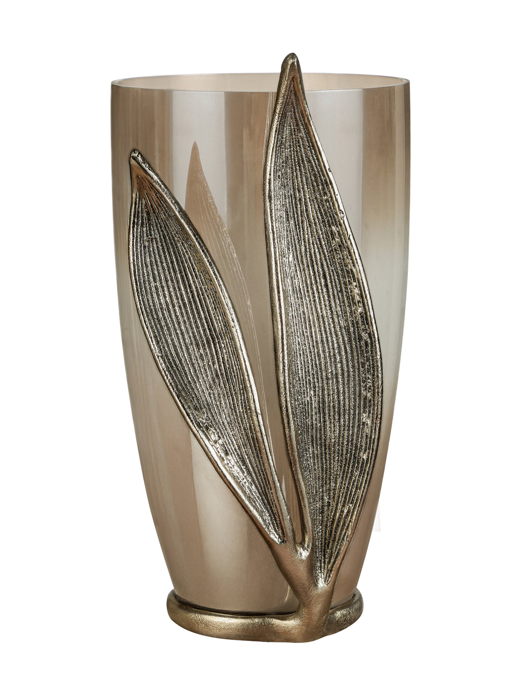 Front view of a smoked glass vase with two ribbed gold leaves rising from a curved gold base.