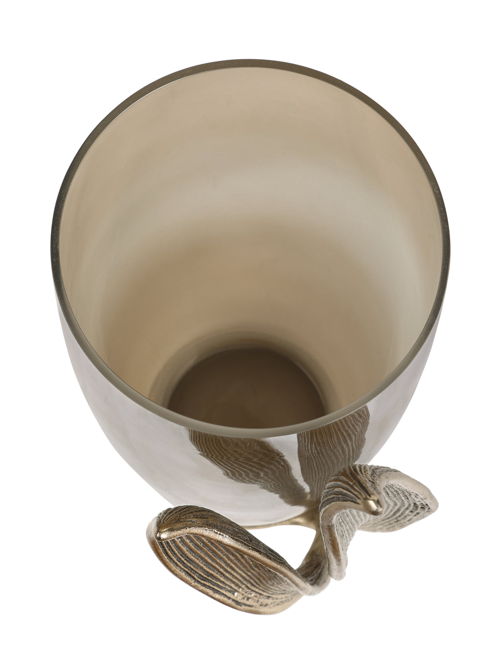 Overhead view into the empty smoked glass vessel, with the gold leaf decoration visible beside the rim.