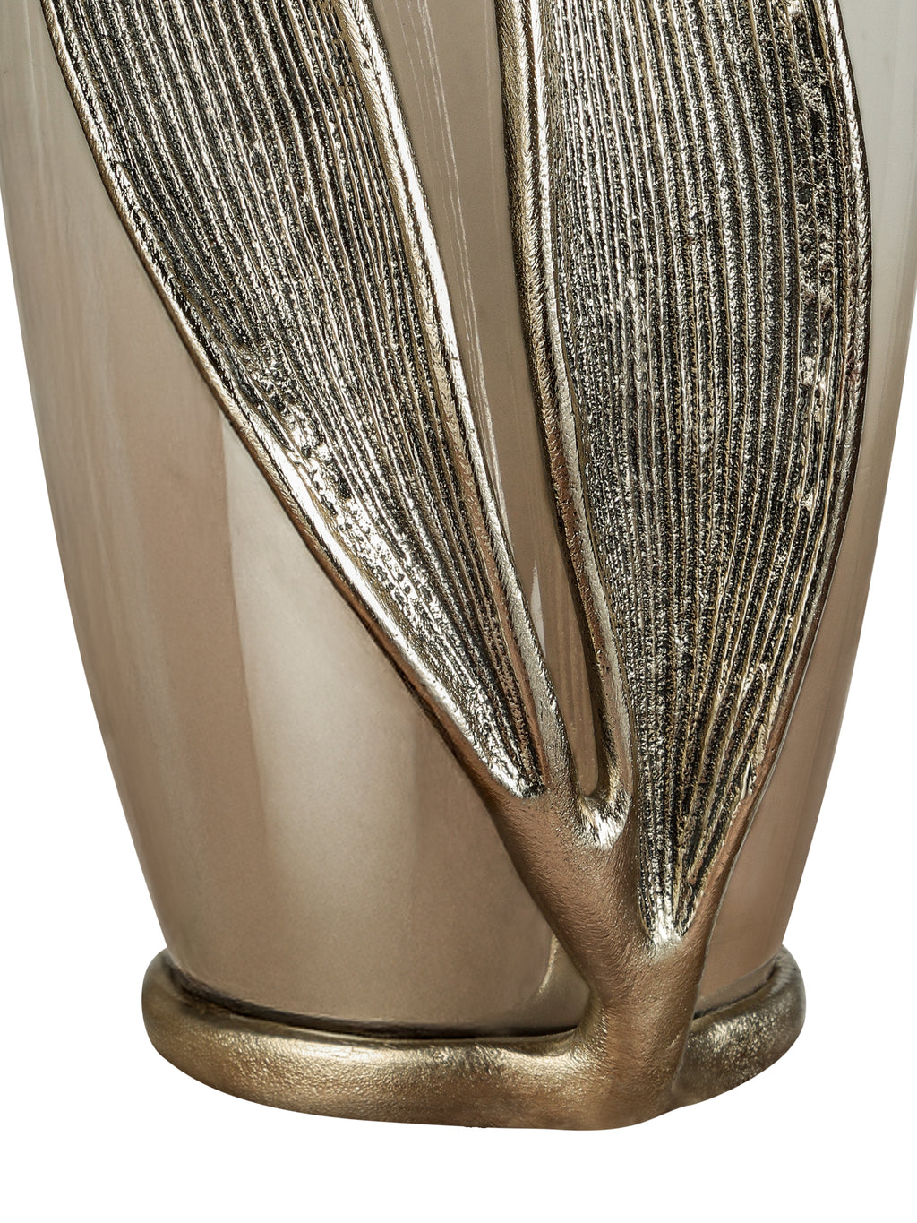 Close-up of the lower ribbed leaves joining the gold base against glossy smoked glass.