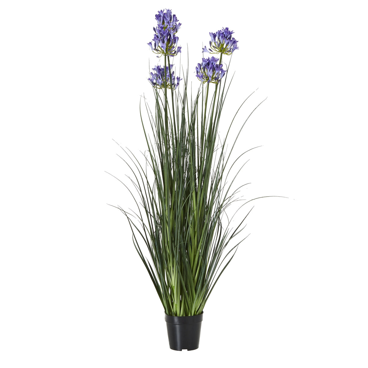 Full view of a tall artificial arrangement with narrow green foliage and blue-violet flower clusters in a tapered black pot.