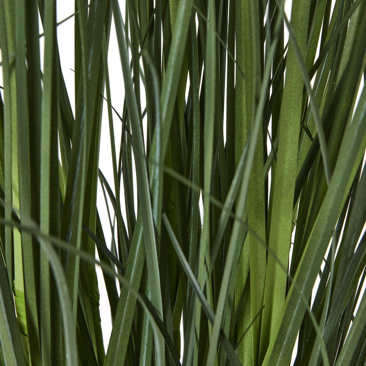 Detail of overlapping flat green leaves and fine, threadlike strands in the artificial arrangement.