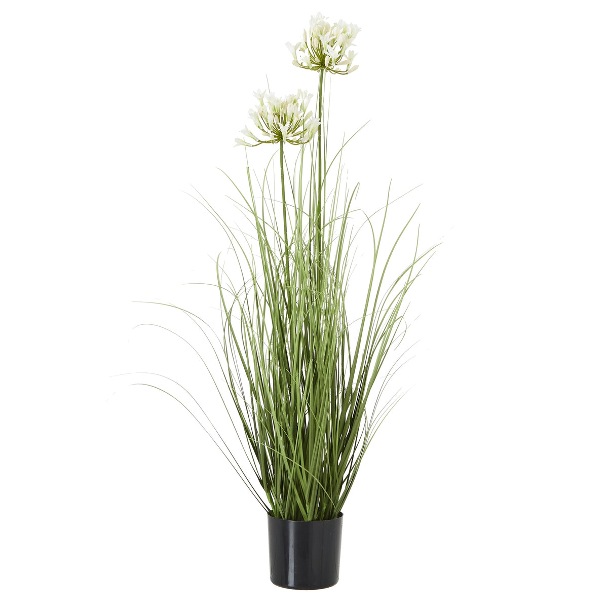 Full view of a tall artificial arrangement with white flower clusters above long green leaves in a black pot.