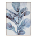 Front view of portrait botanical artwork showing overlapping blue-grey leaves on an upright branching stem, enclosed by a slim warm brown frame.
