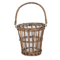 Empty brown candle lantern on a white background, showing a clear inner cup, tapered sides, upright strands, woven bands and a high arch handle with wrapped ends.