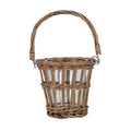 Empty tapered brown lantern with a clear inner vessel, spaced upright strands, woven bands and a tall curved handle against a white background.