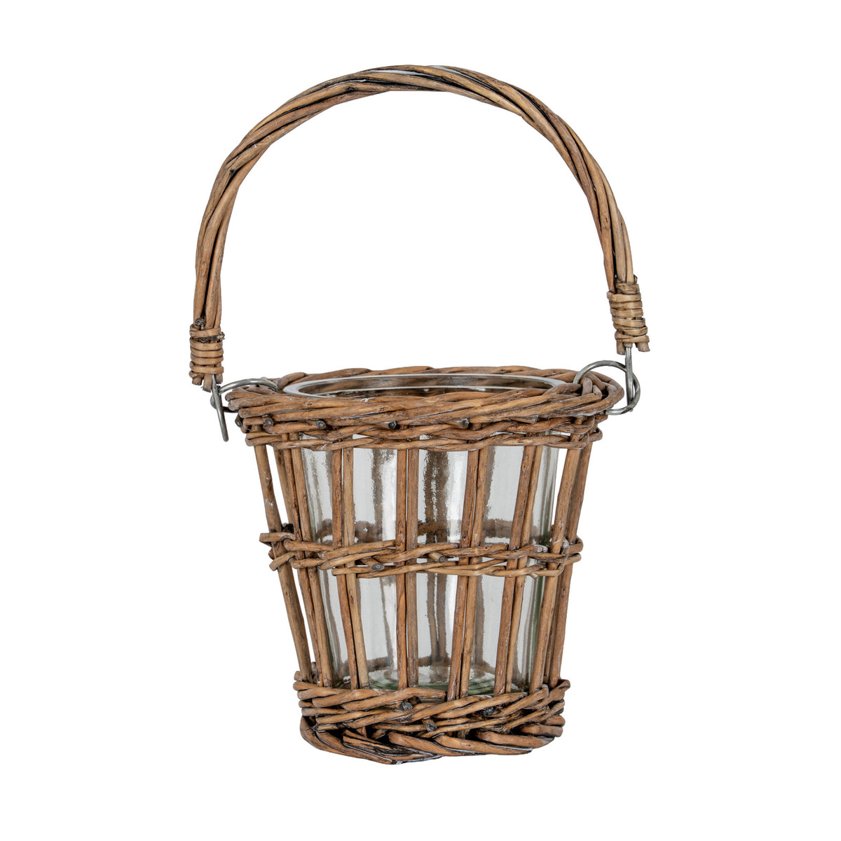 Empty tapered brown lantern with a clear inner vessel, spaced upright strands, woven bands and a tall curved handle against a white background.