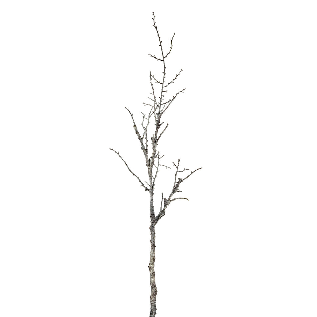 Tall artificial twig stem on a white background, with a thick textured lower section and fine bare branches reaching upwards.
