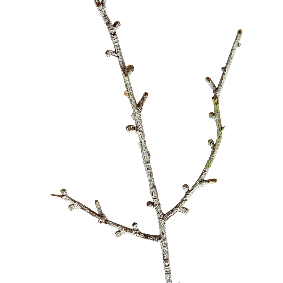 Close-up of intersecting artificial twigs, showing short branch stubs and an irregular pale mottled finish over brown tones.