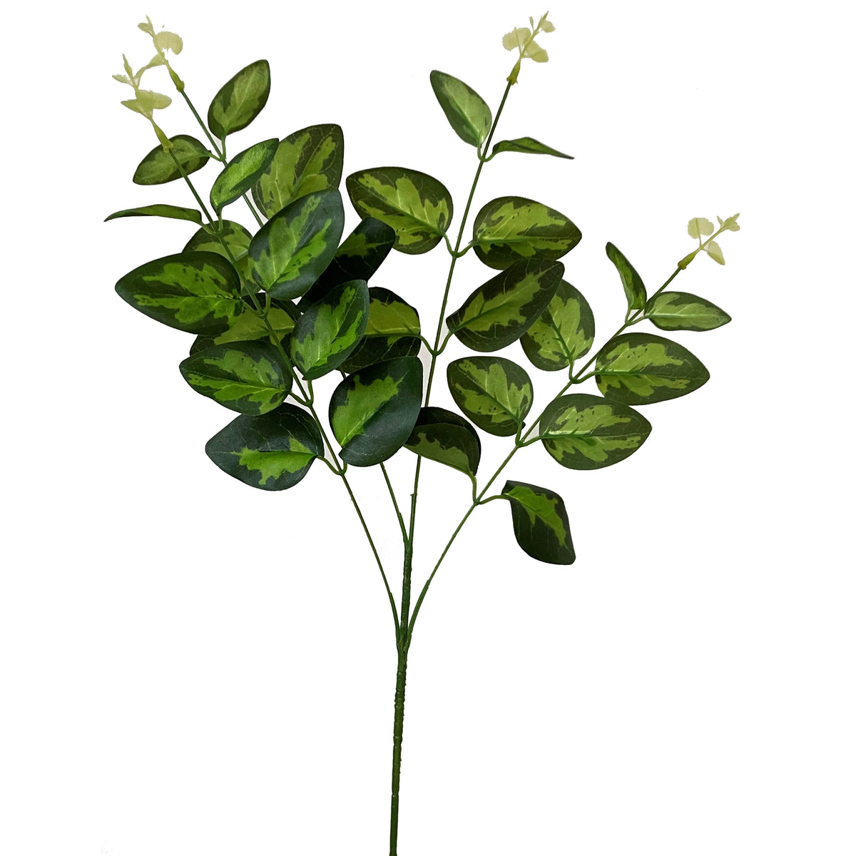 Full view of an artificial foliage spray with a long green stem, branching oval leaves in varied greens and pale green tips against white.