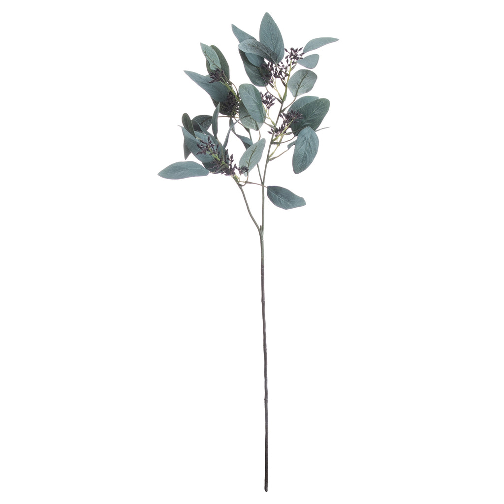 Full artificial eucalyptus stem with a long bare lower stem, branching blue-grey leaves and dark-purple clusters against white.