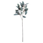Full artificial eucalyptus stem with a long bare lower stem, branching blue-grey leaves and dark-purple clusters against white.