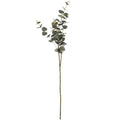 Full artificial eucalyptus spray on white, with a long green stem and branching clusters of rounded veined leaves.