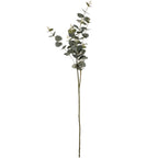Full artificial eucalyptus spray on white, with a long green stem and branching clusters of rounded veined leaves.