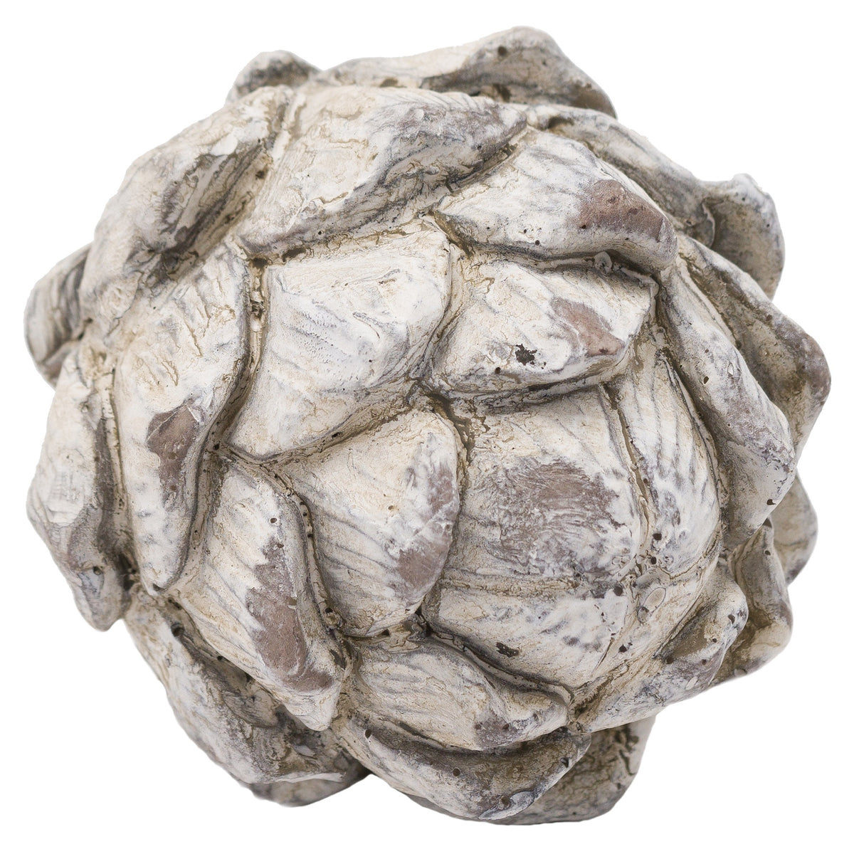 Artichoke ornament against white, showing broad overlapping pointed bracts, relief vein lines and a mottled antique-white, grey and taupe finish.