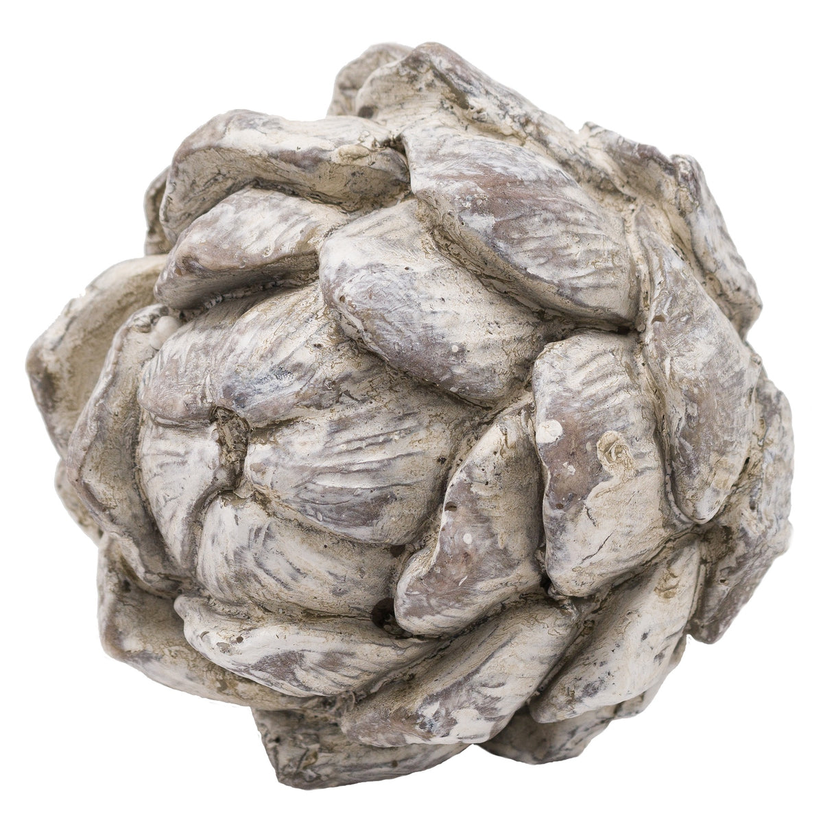 Close view of the artichoke ornament against white, showing overlapping pointed bracts, raised vein lines and a distressed white, grey and taupe finish.