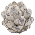 Artichoke ornament on a white background, showing overlapping pointed bracts with vein lines and a distressed pale finish marked with grey and taupe.