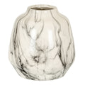Veined Bulb Vase with a rounded white body, grey and black veining, short neck and flat base.