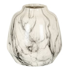 Veined Bulb Vase with a rounded white body, grey and black veining, short neck and flat base.