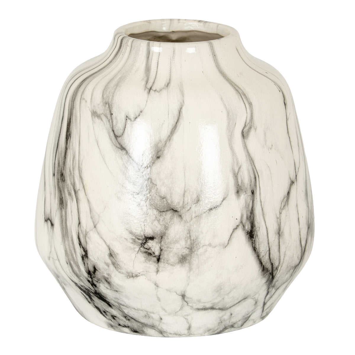 Veined Bulb Vase with a rounded white body, grey and black veining, short neck and flat base.