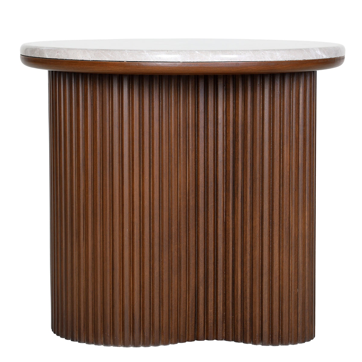 Front view of a round side table with a pale marble top and a brown fluted pedestal curving inwards at the centre.