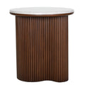 Front view of a round side table with a pale grey marble top and a curved brown pedestal with vertical fluting.