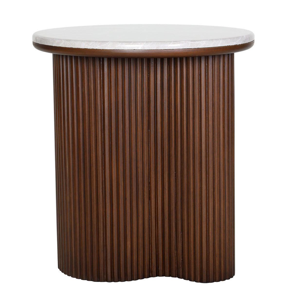Front view of a round side table with a pale grey marble top and a curved brown pedestal with vertical fluting.