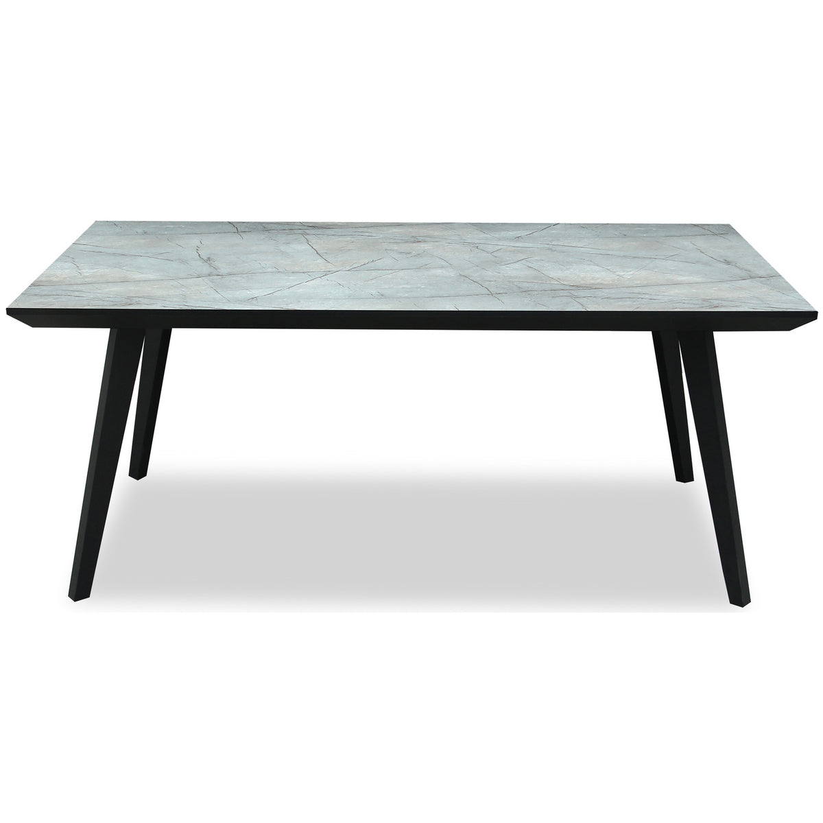 Rectangular dining table viewed from the front and slightly above, showing a pale grey veined top, black perimeter edge and four outward-angled black legs.