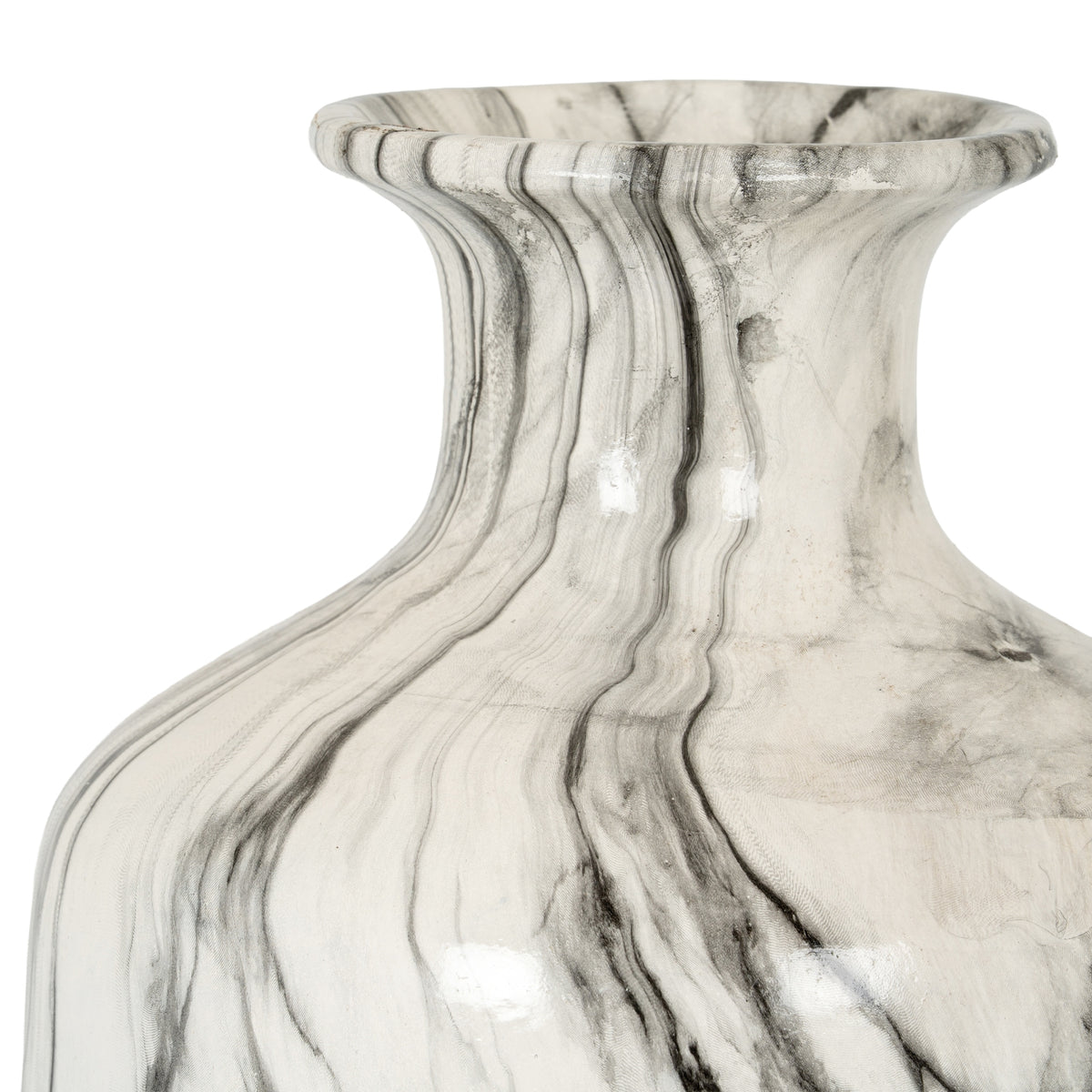 Close-up of the vase neck and broad shoulder, showing flowing charcoal lines and light reflections on the glossy surface.