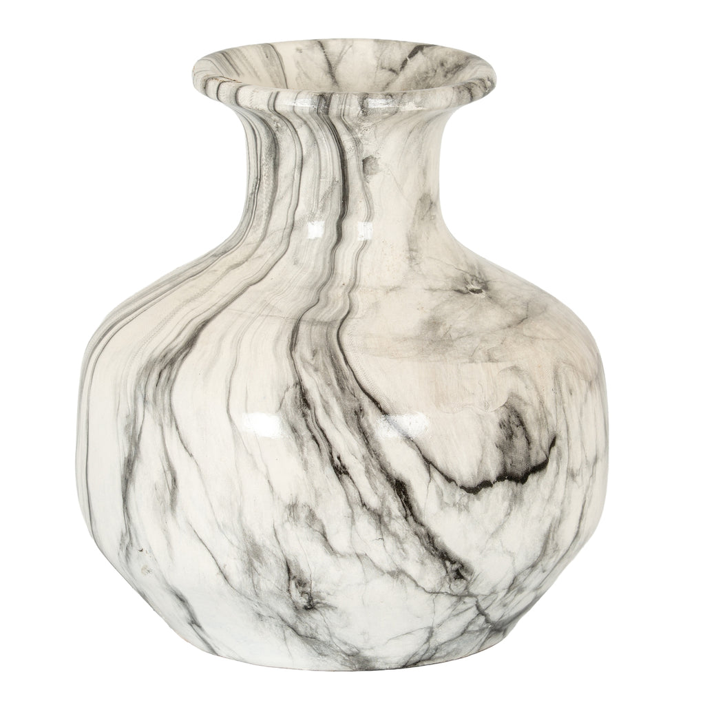Veined Roll Vase against a white background, showing its rounded off-white body, grey and charcoal markings and flared rim.