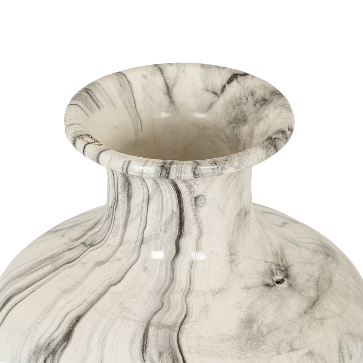 View down into the Veined Roll Vase opening, with grey veining across the rolled rim and inner neck.