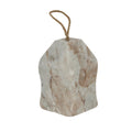 Veined Roofhouse Doorstop viewed from the front corner, with white and tan veining, sloping roof faces and a rope loop.