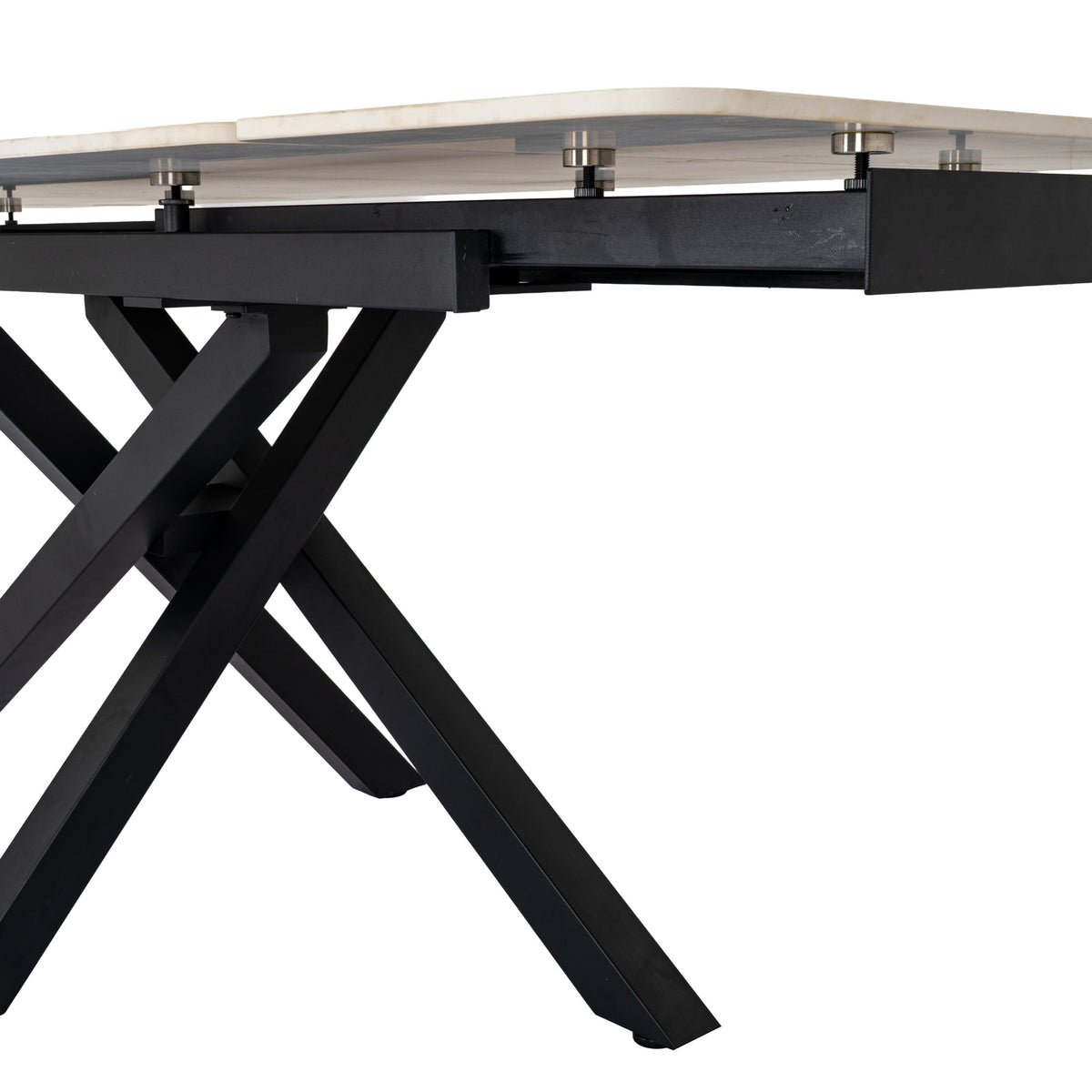 Low close-up beneath the table showing the dark frame, visible supports below the pale panels and intersecting splayed legs.