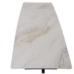 View along the pale rectangular tabletop showing grey and warm-toned veining and a seam across an end panel.