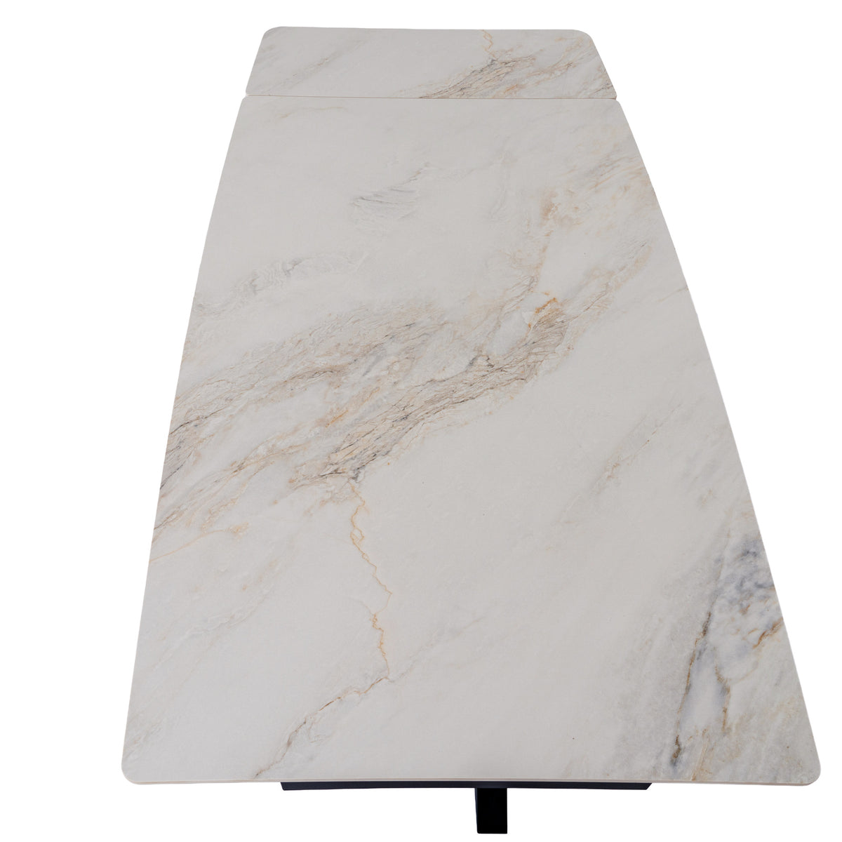 View along the pale rectangular tabletop showing grey and warm-toned veining and a seam across an end panel.