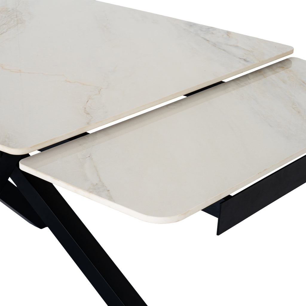 Close-up of two pale veined panels at different heights, with rounded corners and dark rails visible between them.