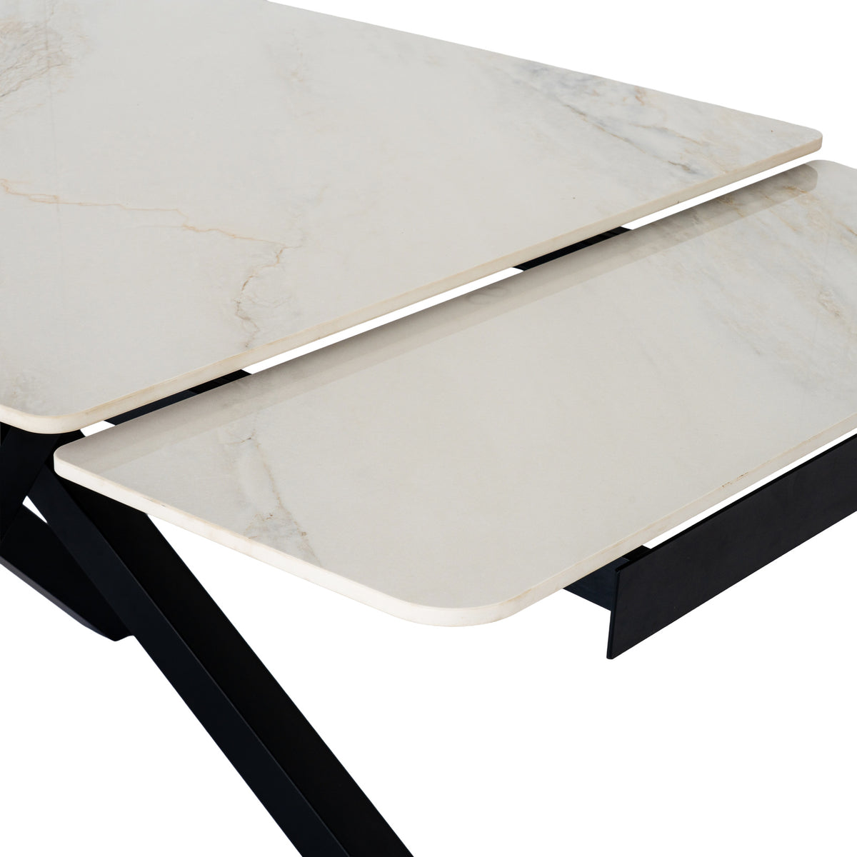 Close-up of two pale veined panels at different heights, with rounded corners and dark rails visible between them.