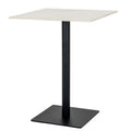 Angled view of a square dining table with a slim pale veined top, dark cylindrical pedestal and low square base.