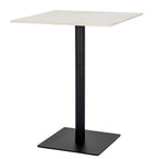 Angled view of a square dining table with a slim pale veined top, dark cylindrical pedestal and low square base.
