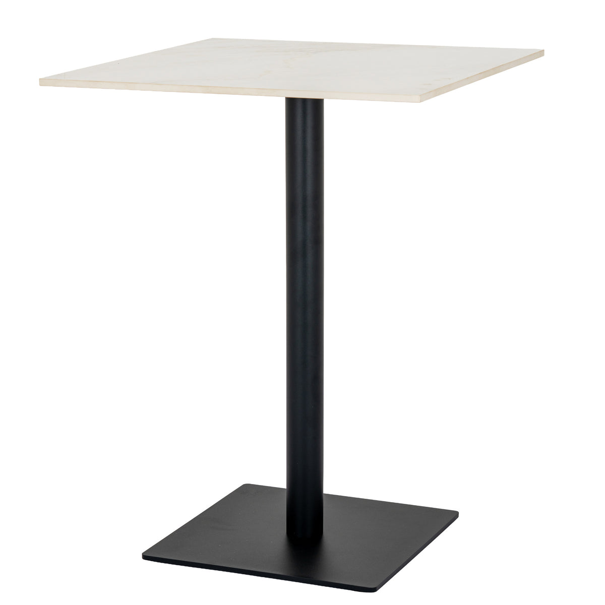 Angled view of a square dining table with a slim pale veined top, dark cylindrical pedestal and low square base.