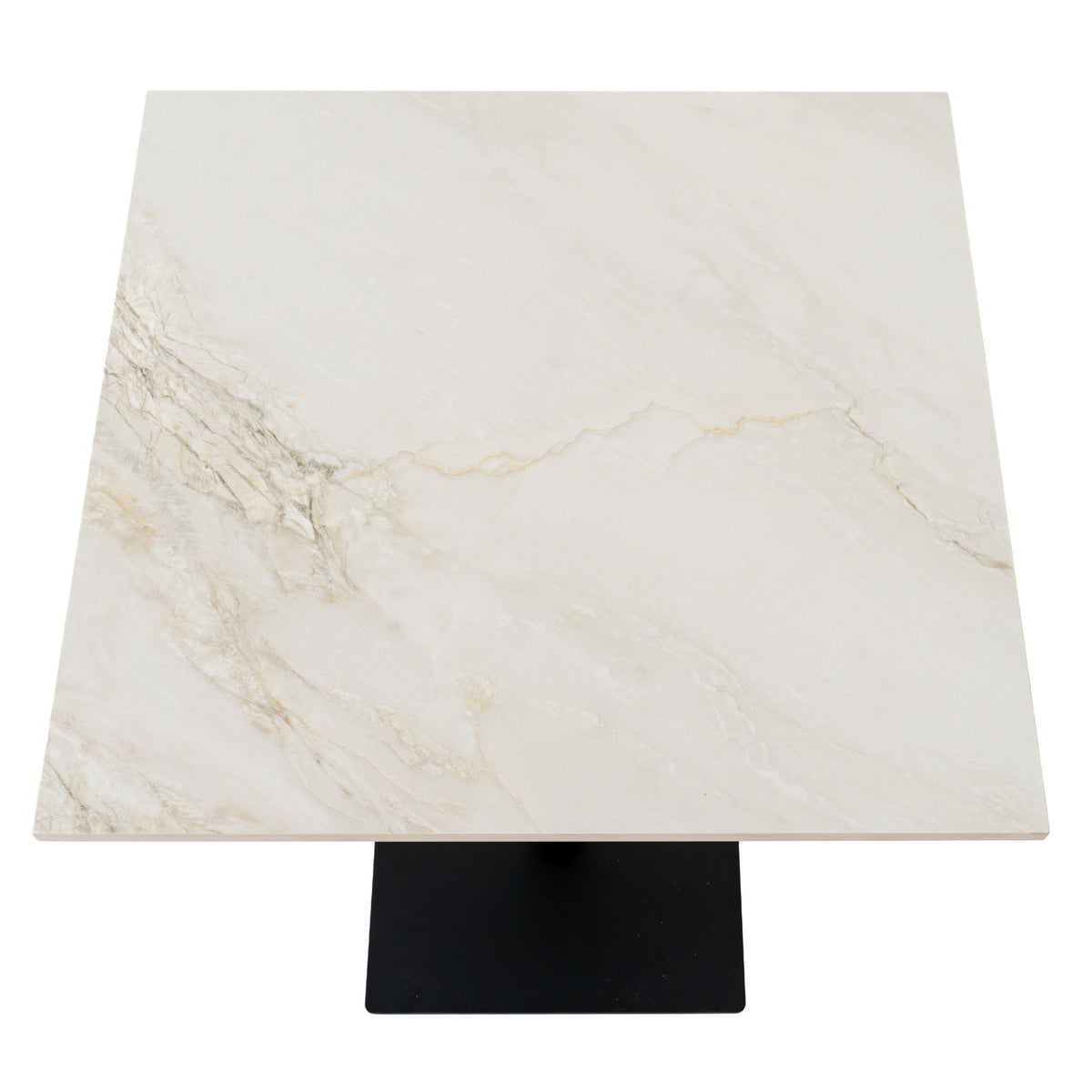View from above of the square cream-coloured tabletop, with branching grey and beige veins and part of the dark base visible below.