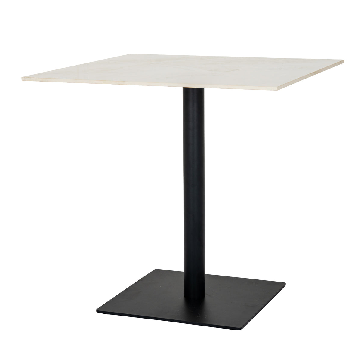 Angled view of a dining table with a pale square top, dark cylindrical pedestal and broad dark square base.