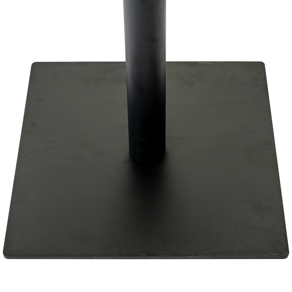 Close-up of the dark cylindrical pedestal meeting the broad square base, with softly rounded base corners.