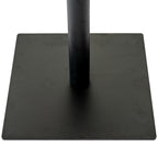 Close-up of the dark cylindrical pedestal meeting the broad square base, with softly rounded base corners.
