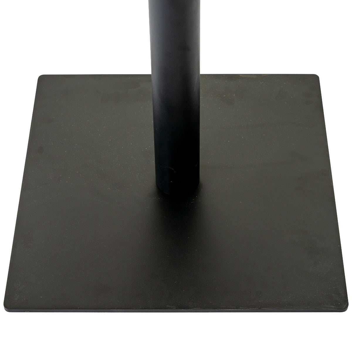 Close-up of the dark cylindrical pedestal meeting the broad square base, with softly rounded base corners.