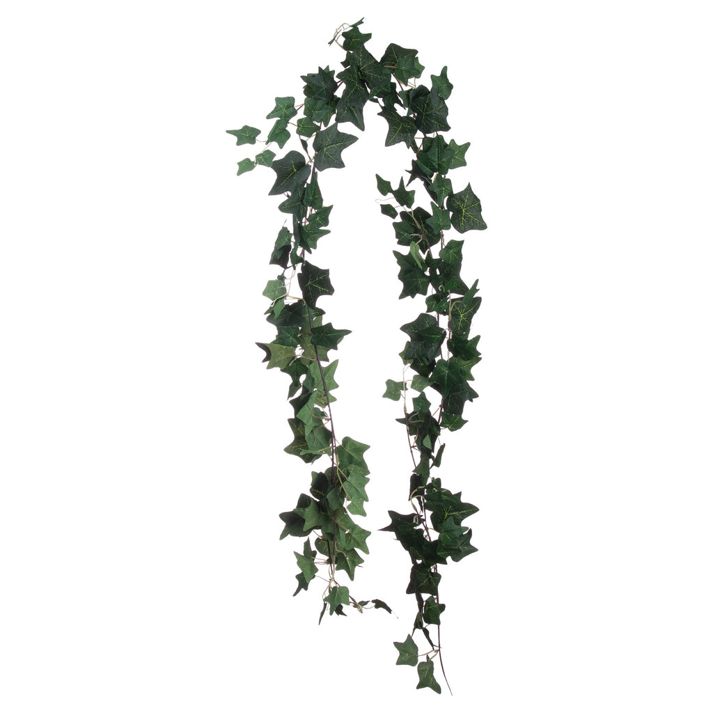 Artificial ivy garland arranged in a long loop against white, with lobed green leaves along thin branching vines.